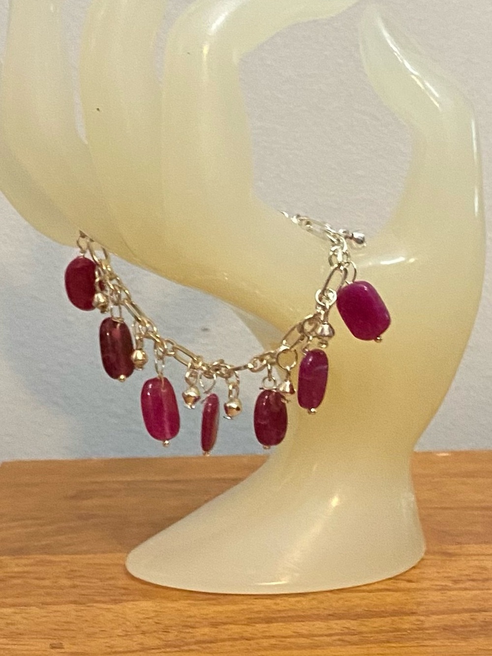 Silver Charm Bracelet with Pink Gemstone Drops